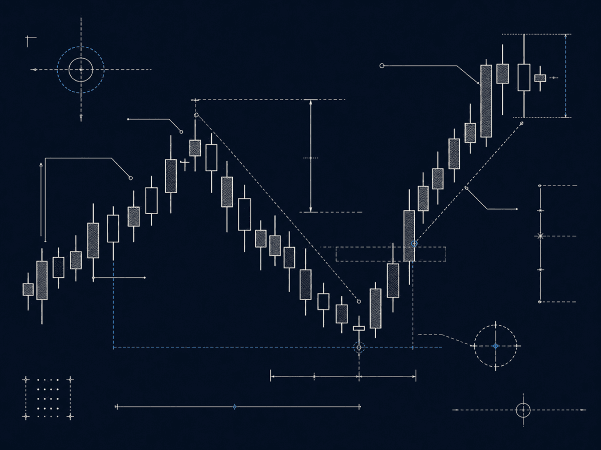 Hand-annotated candlestick chart printed on paper, marked up during a trade review