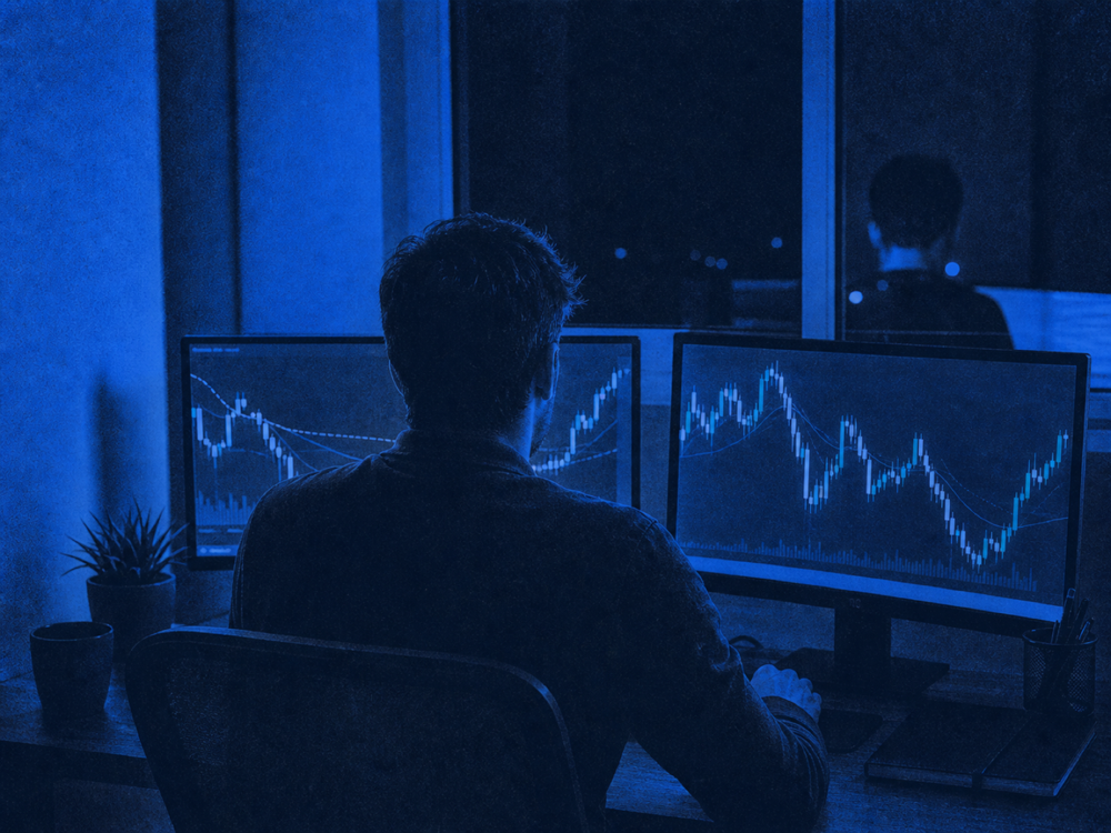 Trader reviewing charts in dim light